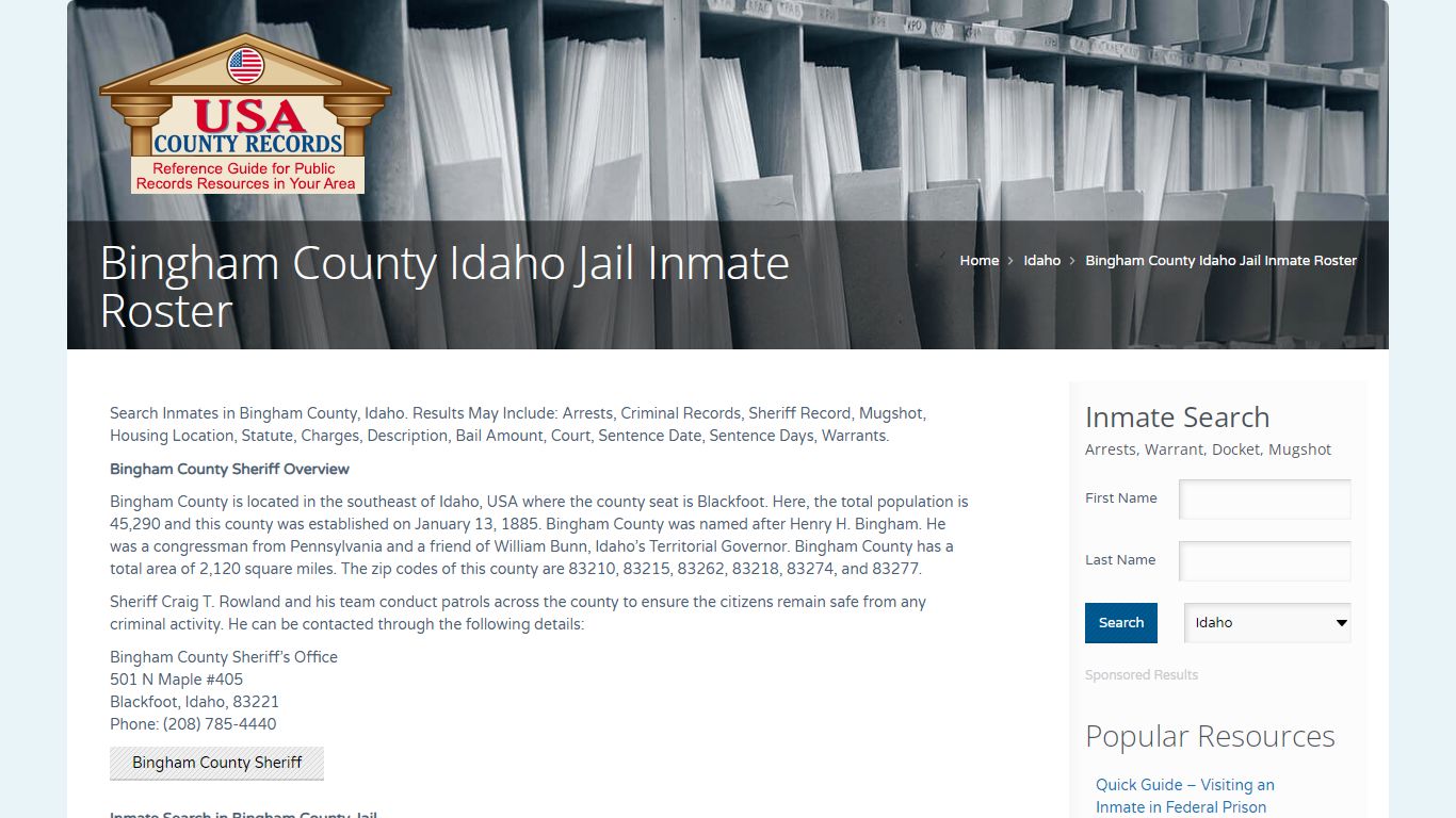 Bingham County Idaho Jail Inmate Roster | Name Search